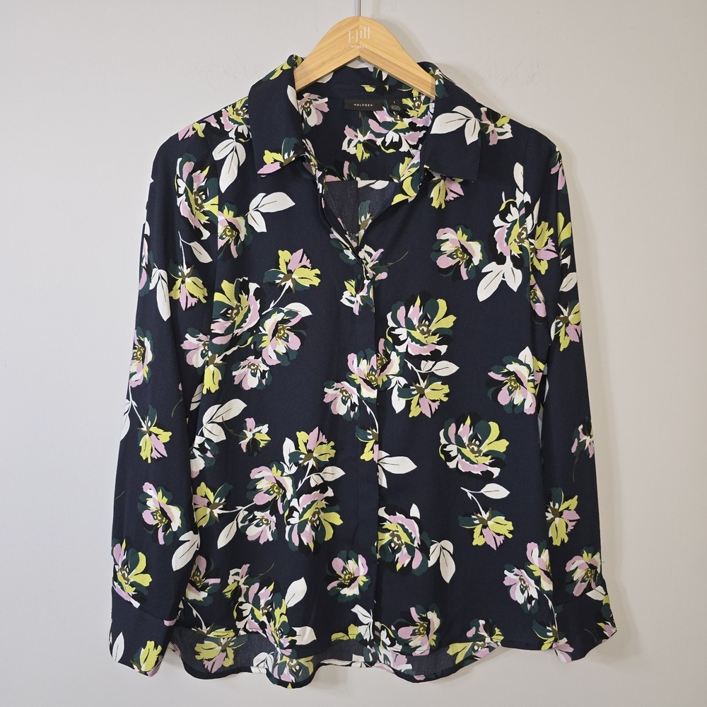 Halogen Nordstroms Blouse Shirt Size 1 1X Floral Button Front Navy Floral Flowy